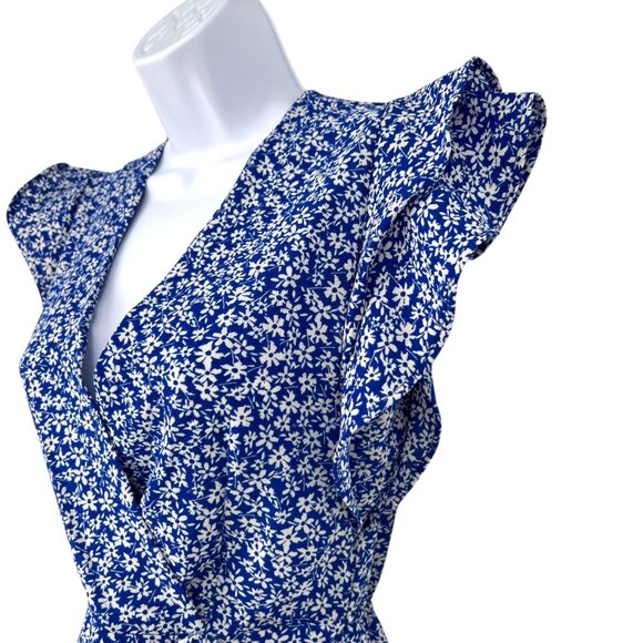 Monteau Floral Ruffle Sleeve Wrap Peplum Blouse Blue White Size Small - Picture 4 of 11